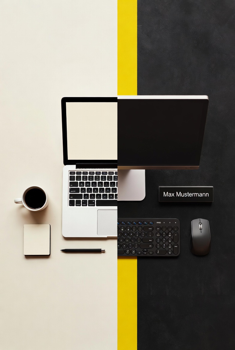 Image showing a contrast between a freelance workspace and an office desk with a nameplate