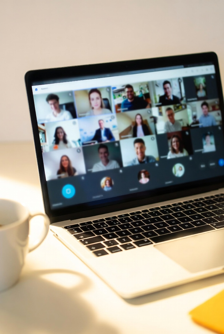 Modern laptop screen showing a webinar interface with multiple participant thumbnails, placed on a clean cream-colored desk.