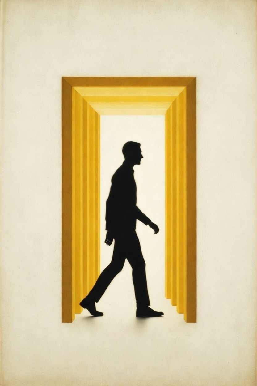 conceptual image of a single figure/silhouette confidently stepping forward through an open doorway